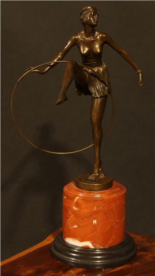 an Art Deco style dark , semi-nude dancing girl with hoop by Dominique Alonzo