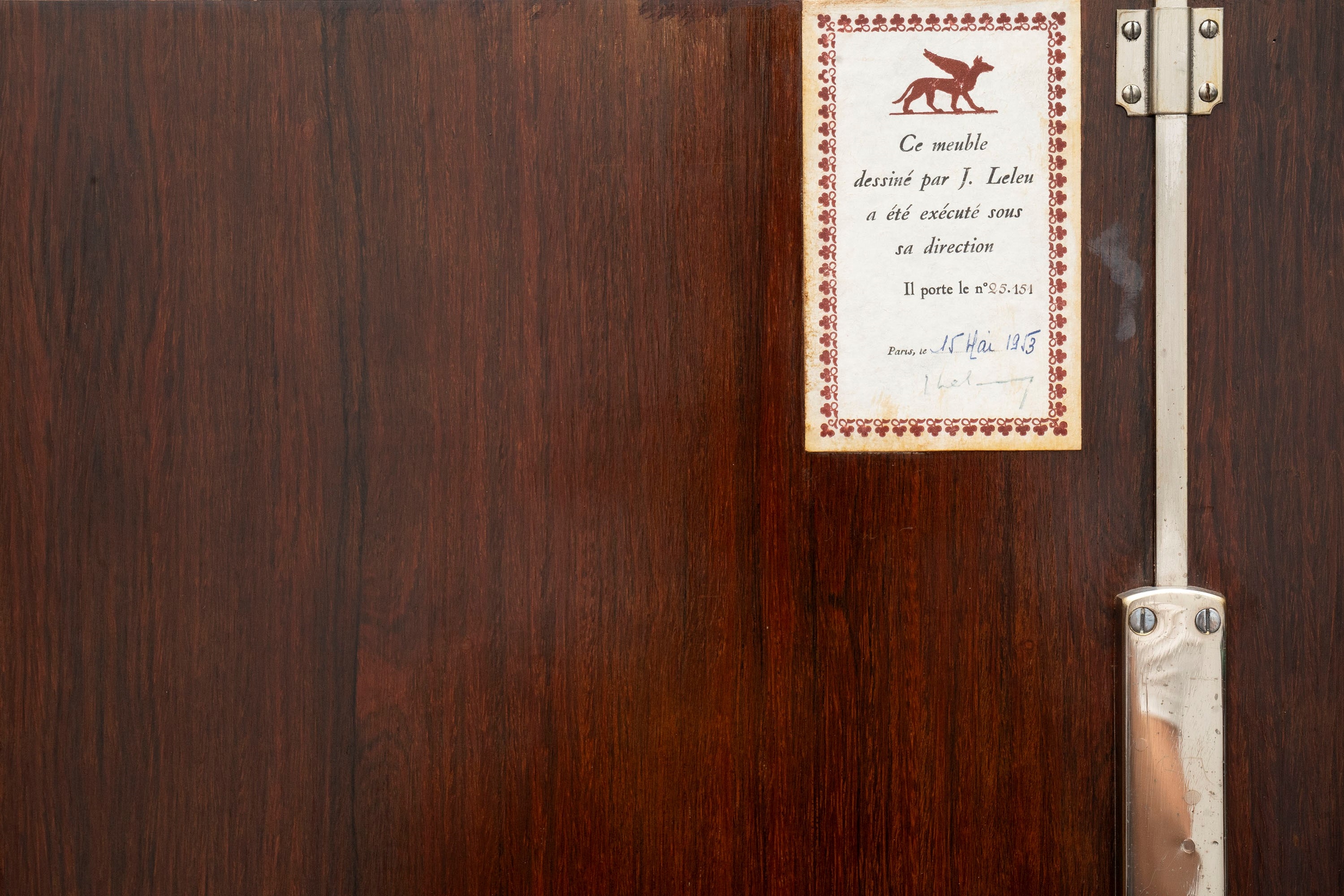 Artwork by Jules Leleu, Important and rare pair of commodes inlaid with mother of pearl and various woods, Made of gilt bronze