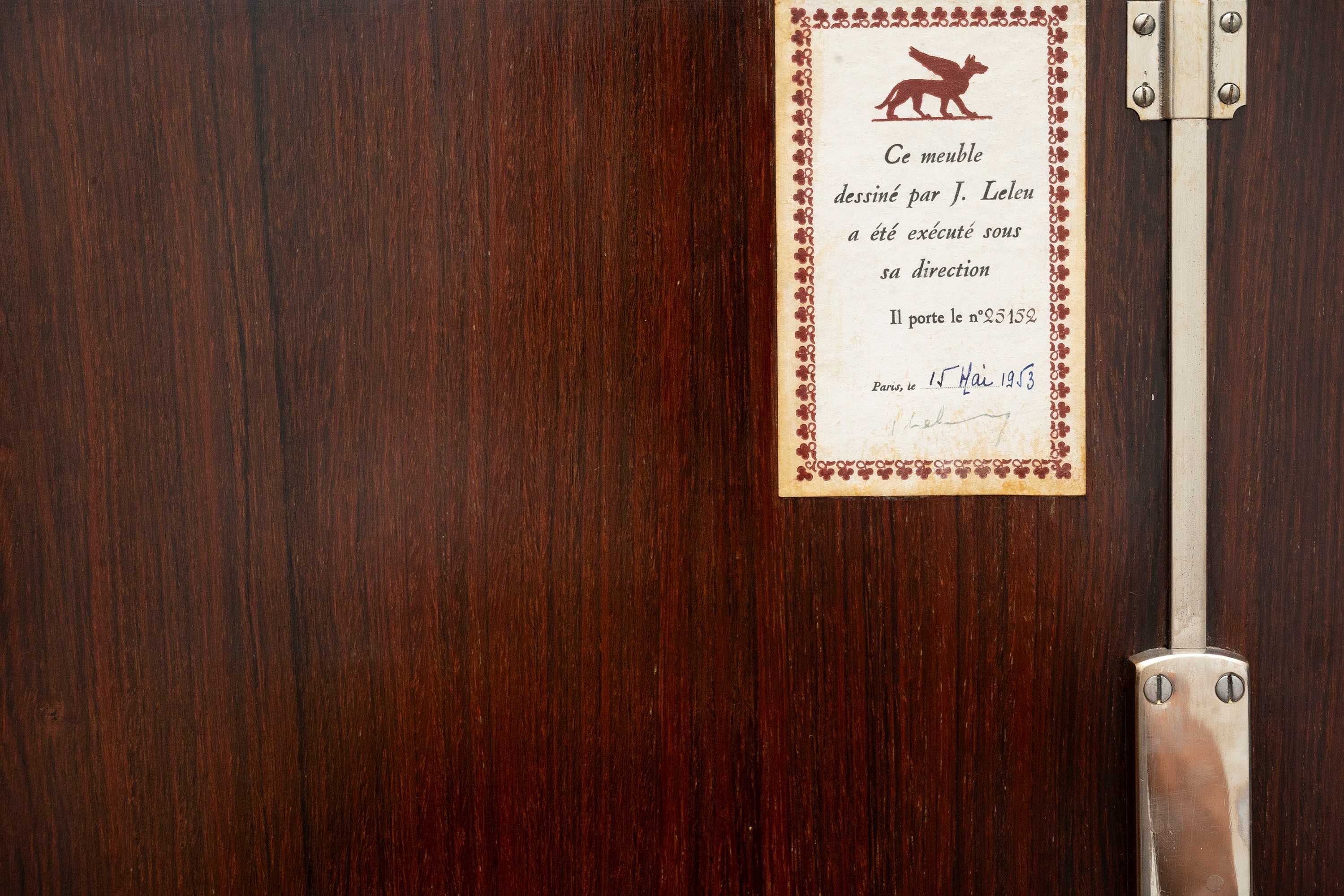 Artwork by Jules Leleu, Important and rare pair of commodes inlaid with mother of pearl and various woods, Made of gilt bronze