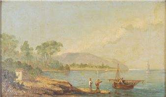 Sailing boat and figures in a bay - E. Parraud