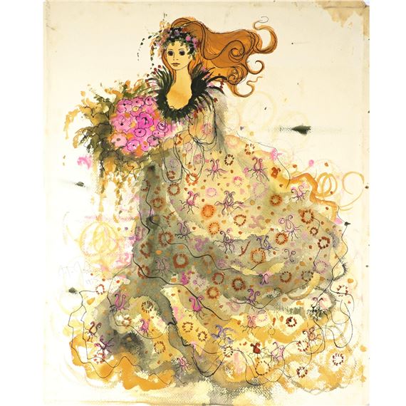 A whimsical watercolor portrait of a figure in an elaborate floral gown.
