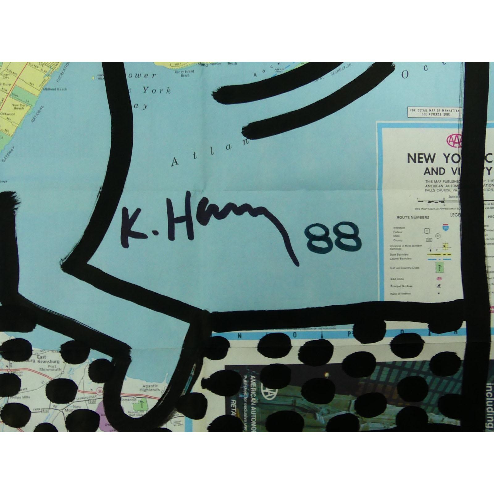 Keith Haring | Ink drawing on NEW YORK CITY map, 1988 depicting a totem ...