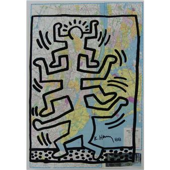 Ink drawing on NEW YORK CITY map, 1988 depicting a totem figure on New York City map - Keith Haring