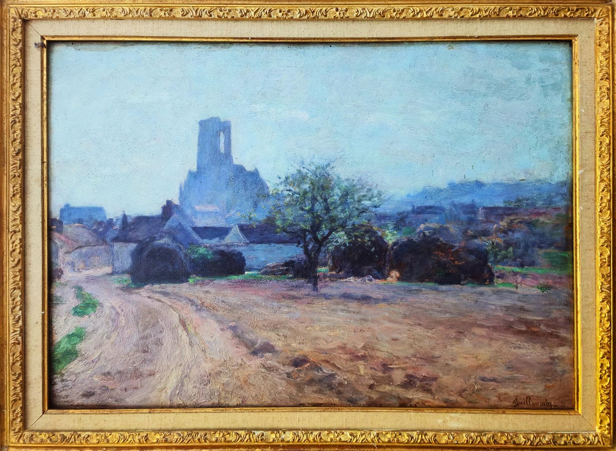 Artwork by Armand Guillaumin II, The village and the church of Larc ( Seine et Marne ), Made of oil on panel