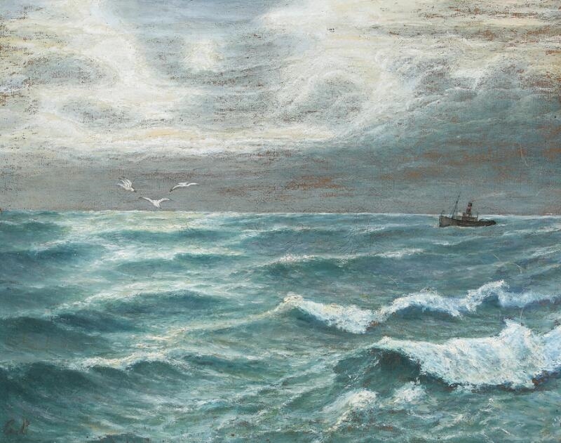 Carl Ludvig Thilson Locher | Seascape with a fishing boat on the open ...