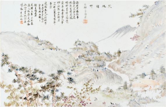 A ‘QIANJIANG CAI’ ENAMELED ‘LUSH FORESTS AND HIGH BAMBOO’ PLAQUE, BY JIN PINQING (1862 - Jin Pinqing