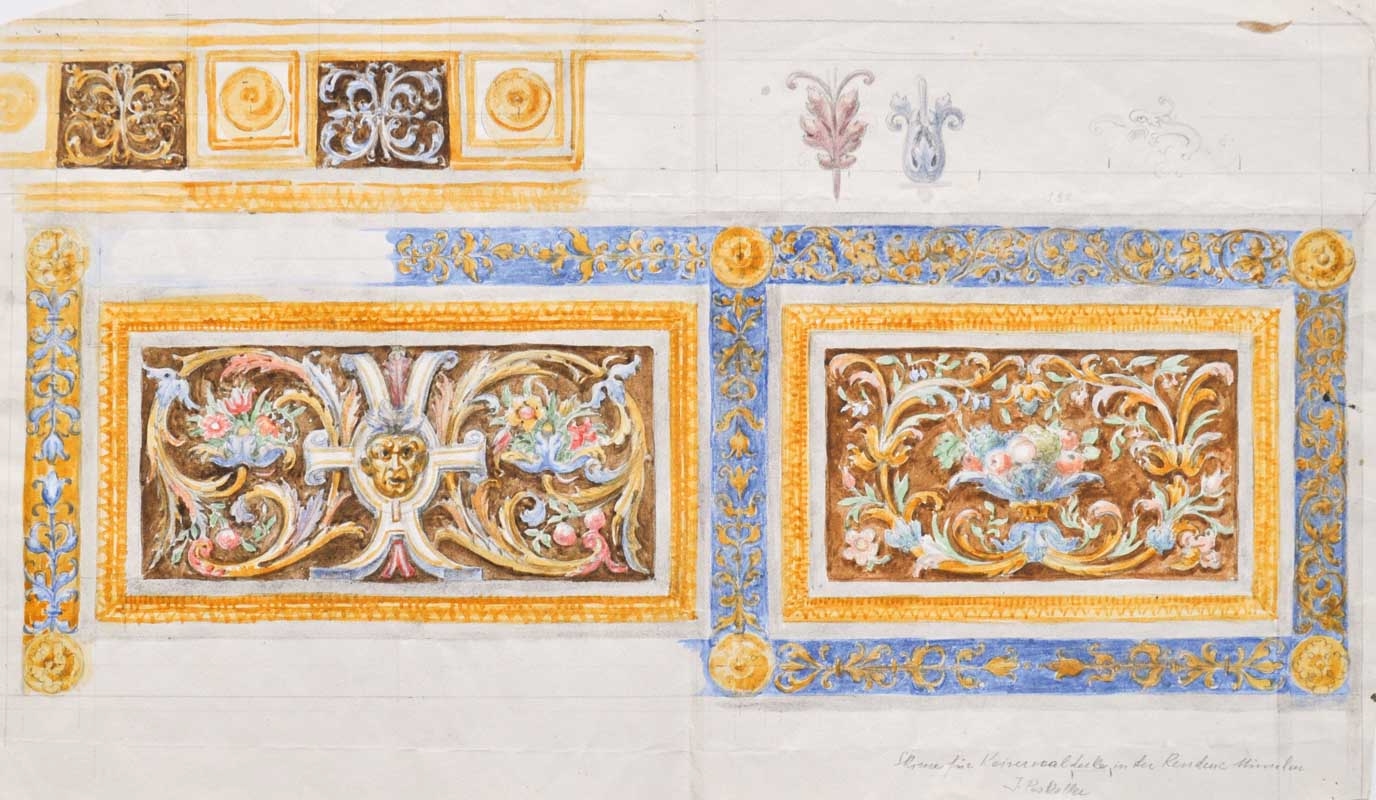 Artwork by Johann Matthias Pescoller, SCHIZZI PER LA SALA IMPERIALE A MONACO, Made of Schizzo a matita su doppia pagina, matita acquerellata
