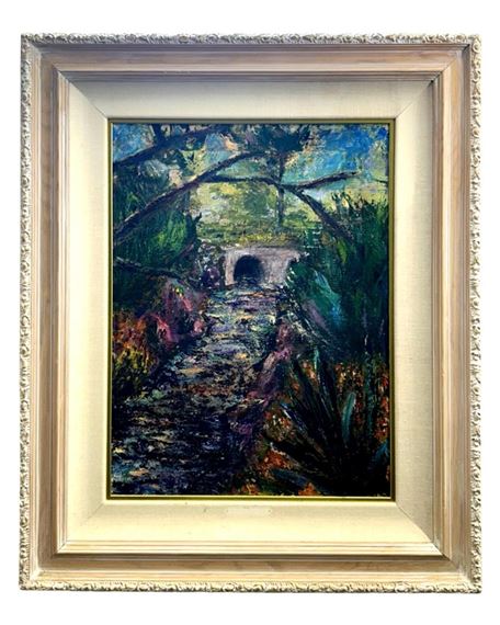 A framed oil painting of a stone bridge in a lush, shadowed garden.