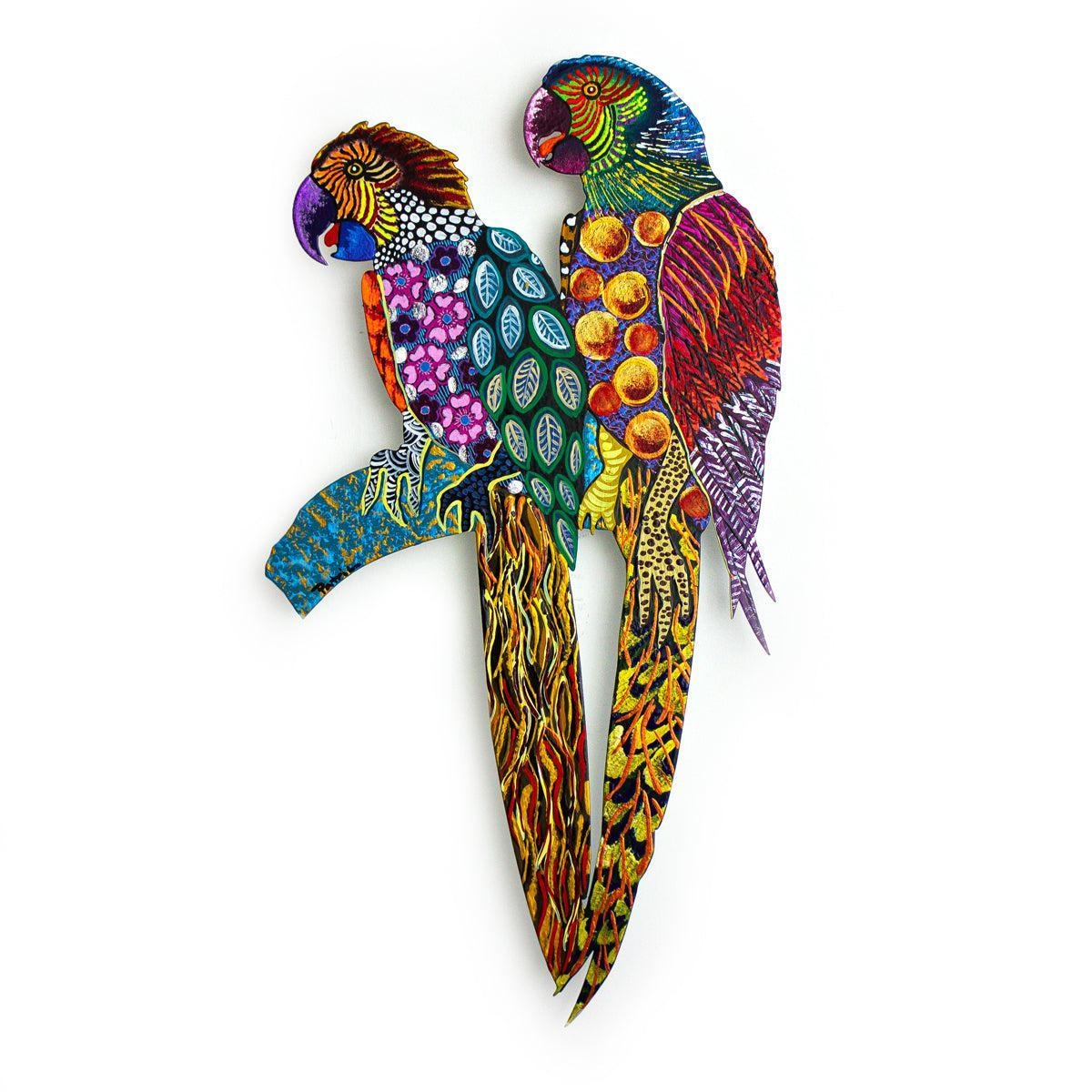 Artwork by Patricia Govezensky, Two Parrots, Made of Original Painting on Laser Cut Steel