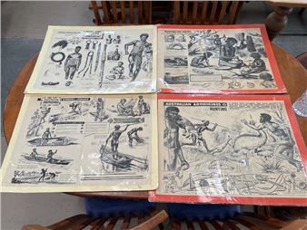 4 EDUCATIONAL POSTERS WITH THEMES OF TRADITIONAL ABORIGINAL LIFE - ILLUSTRATED BY JOHN L CURTIS 1917-2000 - John Leslie Curtis