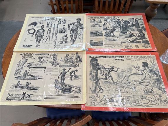 4 EDUCATIONAL POSTERS WITH THEMES OF TRADITIONAL ABORIGINAL LIFE - ILLUSTRATED BY JOHN L CURTIS 1917-2000 - John Leslie Curtis