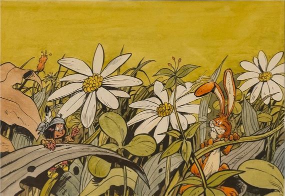 Yakari and Nanabozo in a field of giant daisies by Derib