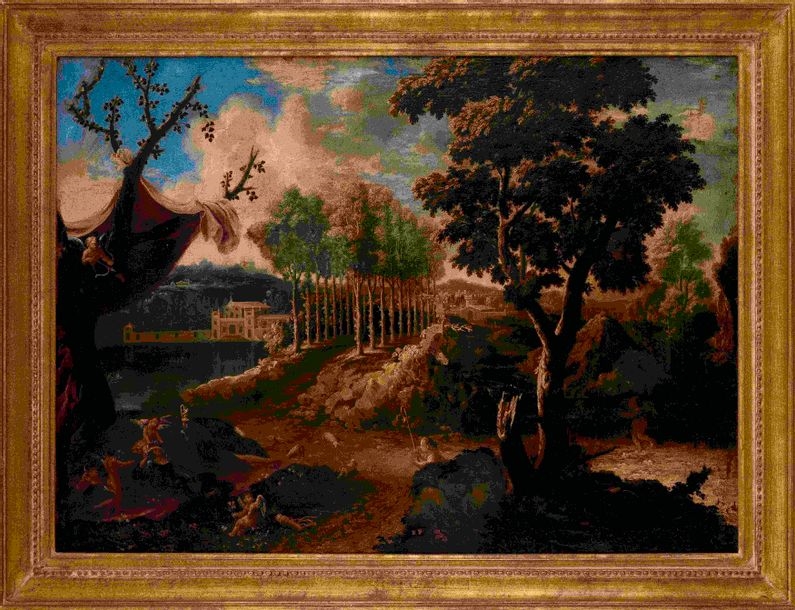 Tableau Ancien Peinture Napolitaine - École Italienne XVIIIe, Paysage Animé, Encadré