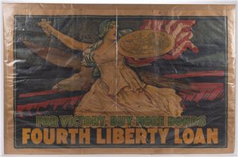 A vintage propaganda poster featuring a female figure holding a coin and sword, urging support for a victory bond.