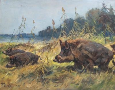 Franz Roubal | Wildschweinrudel in Feld vor Wald (1935) | MutualArt