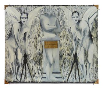A surreal triptych featuring winged figures and a central statue.