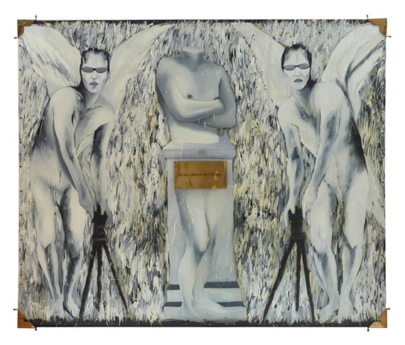 A surreal triptych featuring winged figures and a central statue.