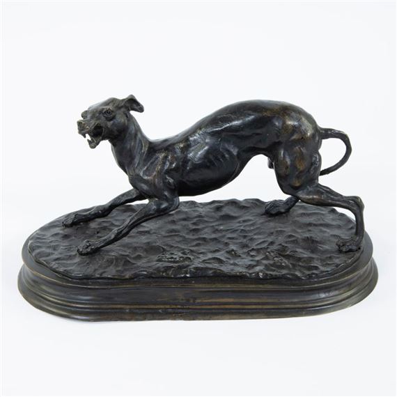 bronze sculpture of a hound dog by Jules Moigniez