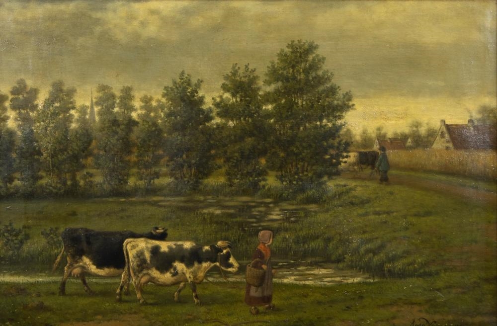 Artwork by Rosa Venneman, oil on canvas Landscap with cows, Made of oil on canvas