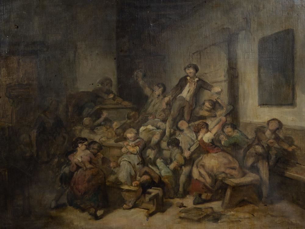 Artwork by Pierre-Paul Hunin, oil on canvas Le révolution dans l'école, Made of oil on canvas