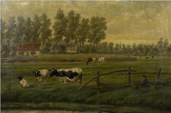 oil on canvas Landscap with cows - Rosa Venneman