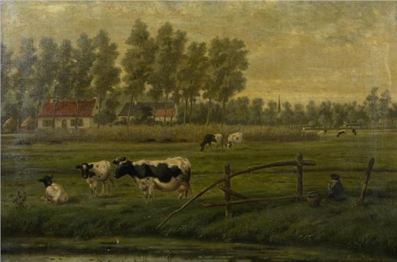 oil on canvas Landscap with cows by Rosa Venneman, dated 1864