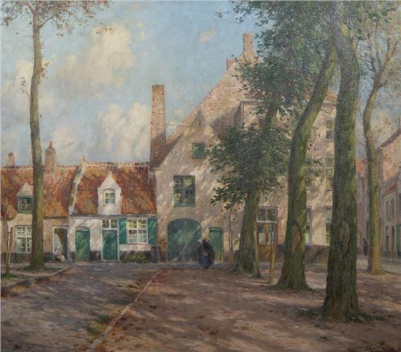 oil on canvas City view in West Flanders by Emmanuel Vierin, dated 1924
