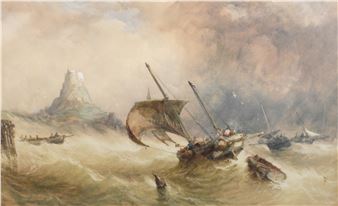 Shipping in stormy waters before distant tower - Alfred Hebert