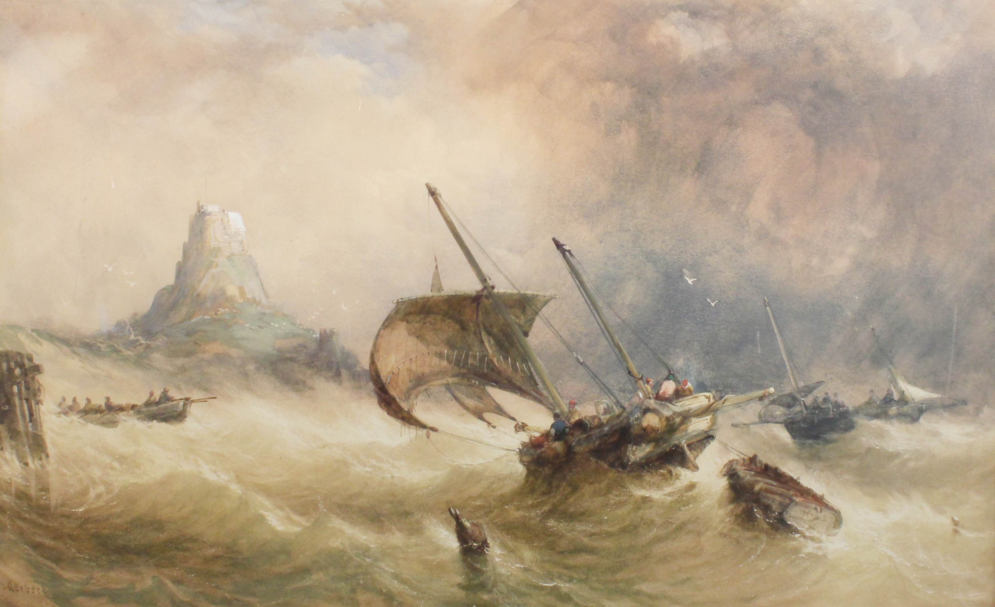 Artwork by Alfred Hebert, Shipping in stormy waters before distant tower, Made of watercolour