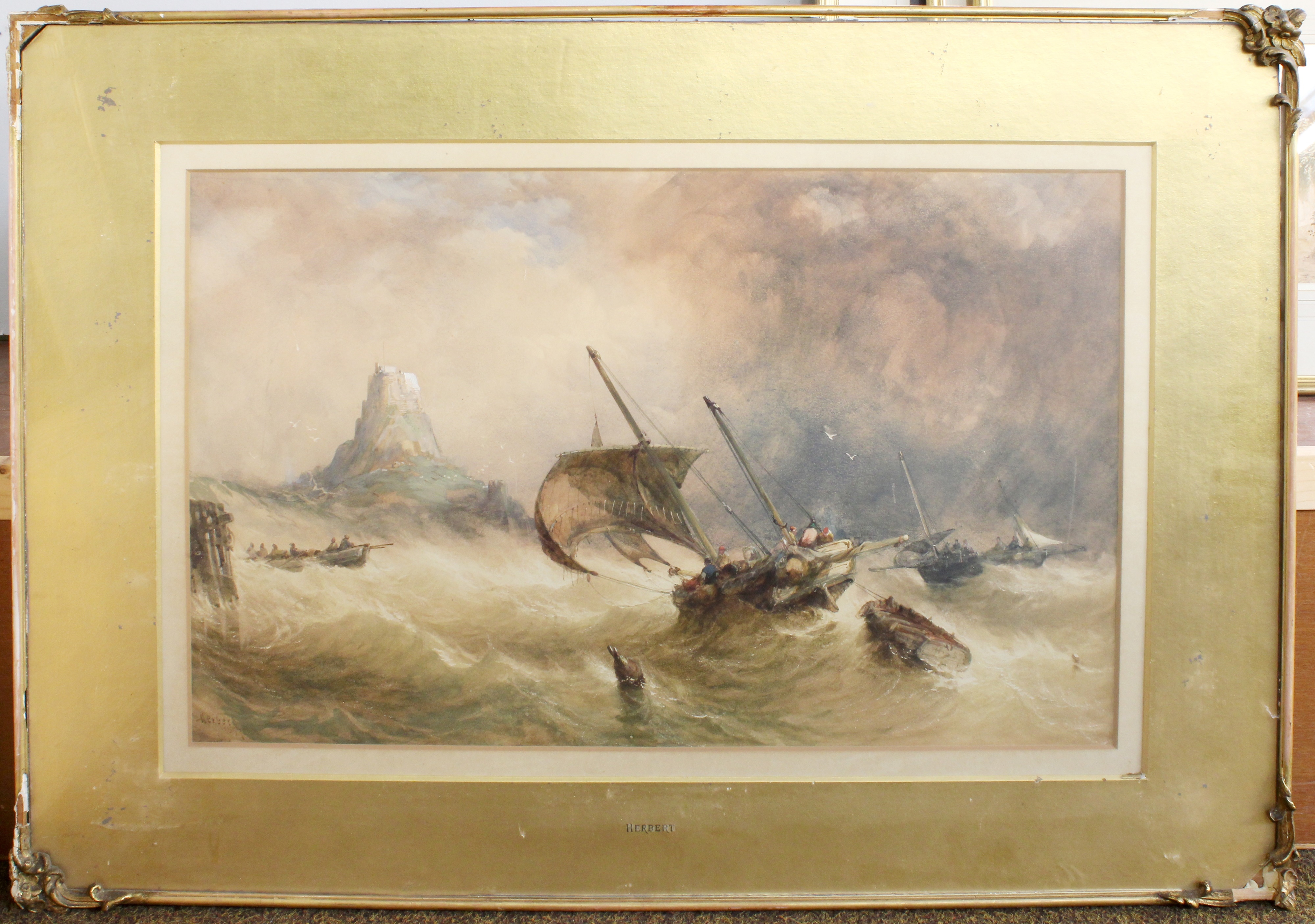Artwork by Alfred Hebert, Shipping in stormy waters before distant tower, Made of watercolour