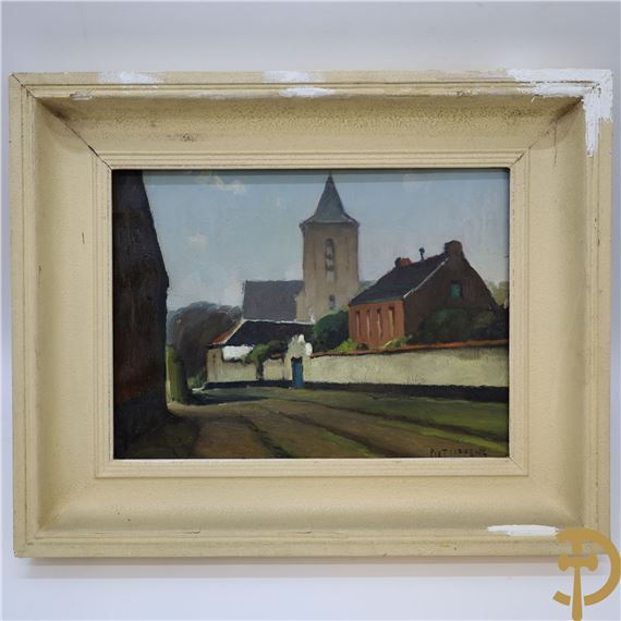 Street image with church in Landskouter by Piet Lippens
