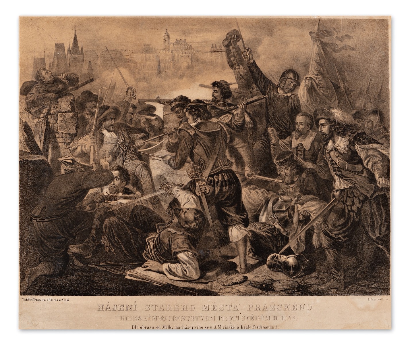 Artwork by František Kolář, Hájení Starého města pražského (předloha Melka), Made of lithographs on paper