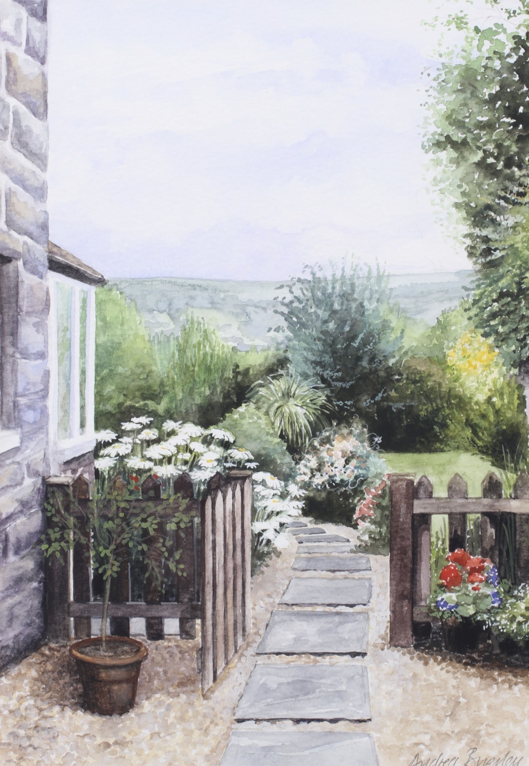 Artwork by Andrea Brierley, view across the garden., Made of watercolour and gouache