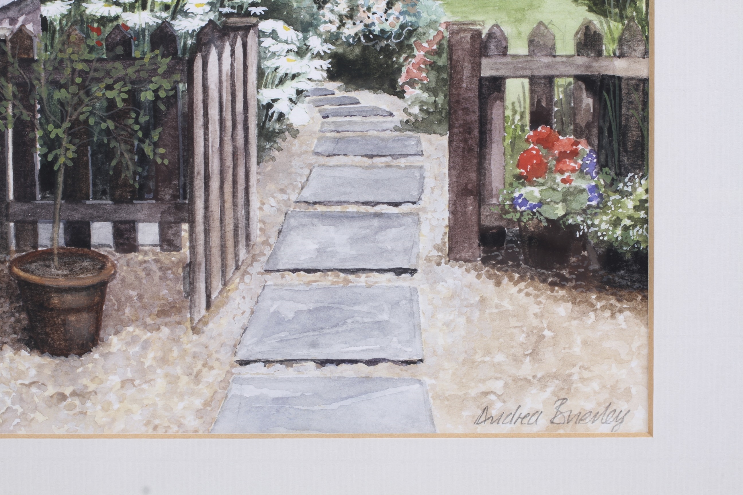 Artwork by Andrea Brierley, view across the garden., Made of watercolour and gouache