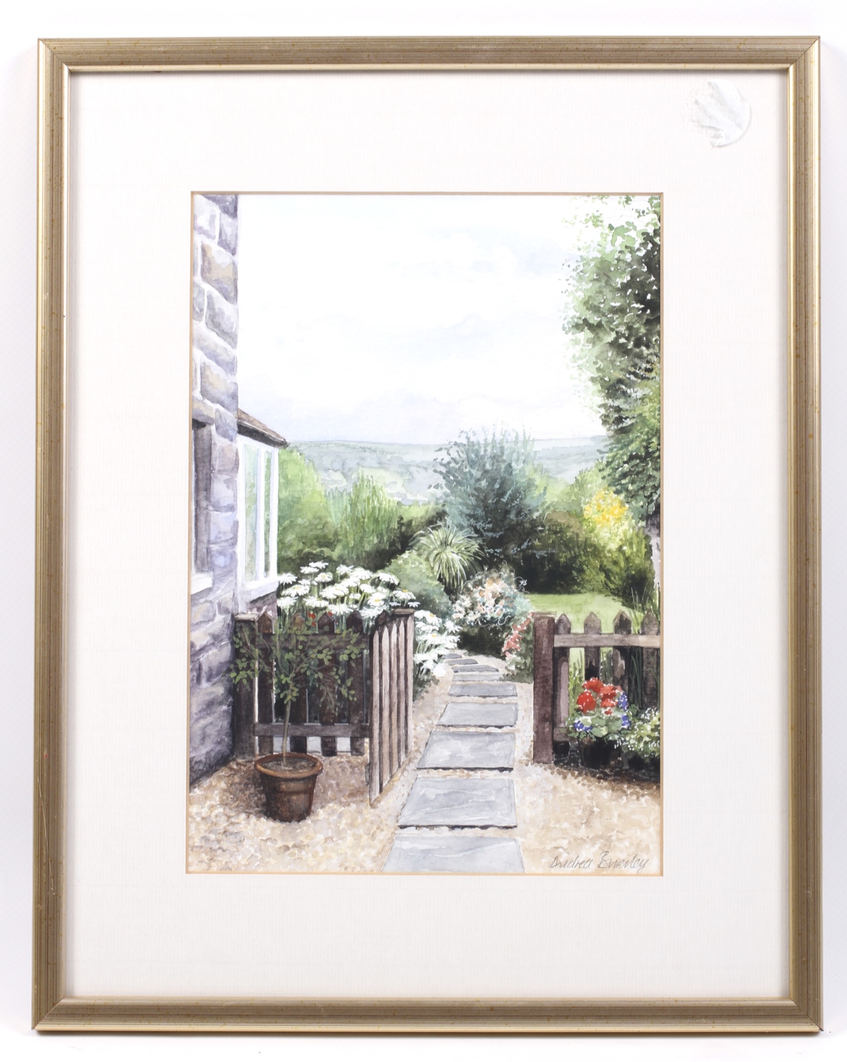 Artwork by Andrea Brierley, view across the garden., Made of watercolour and gouache