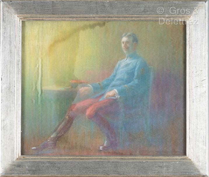 Artwork by Lucien Lévy-Dhurmer, Portrait of a seated officer  signed lower right . wetness, Made of Pastel