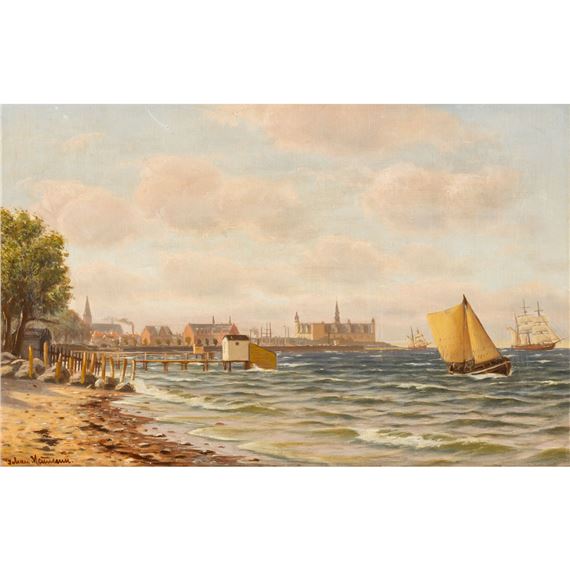 Carl Neumann | View over the sea to the harbor town | MutualArt