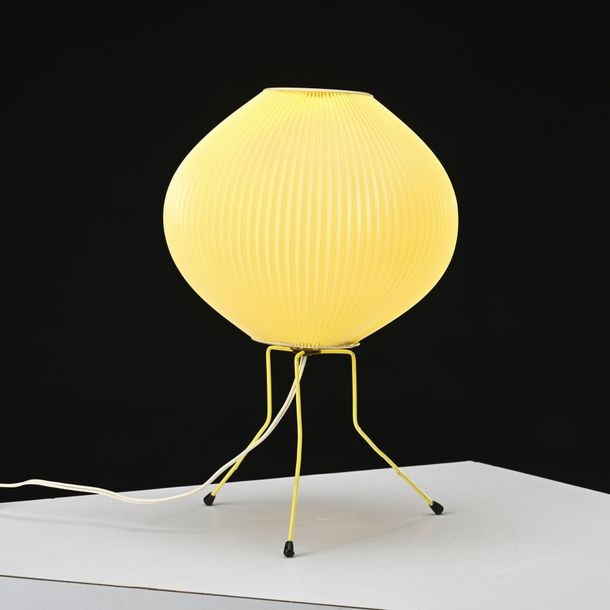 Artwork by Georges Rispal, George RISPAL (1901- ?) Ovni tripod lamp in yellow-lacquered metal with Rhodoid reflector. Circa 1950. H: 40 cm, Made of yellow-lacquered metal with