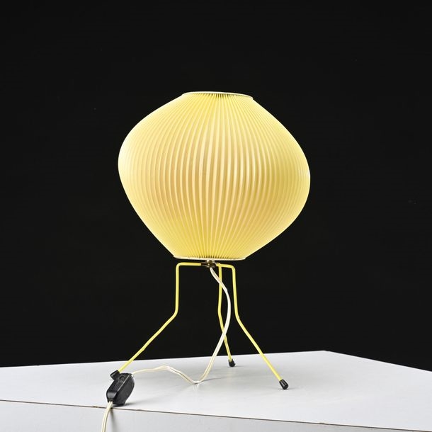 Artwork by Georges Rispal, George RISPAL (1901- ?) Ovni tripod lamp in yellow-lacquered metal with Rhodoid reflector. Circa 1950. H: 40 cm, Made of yellow-lacquered metal with