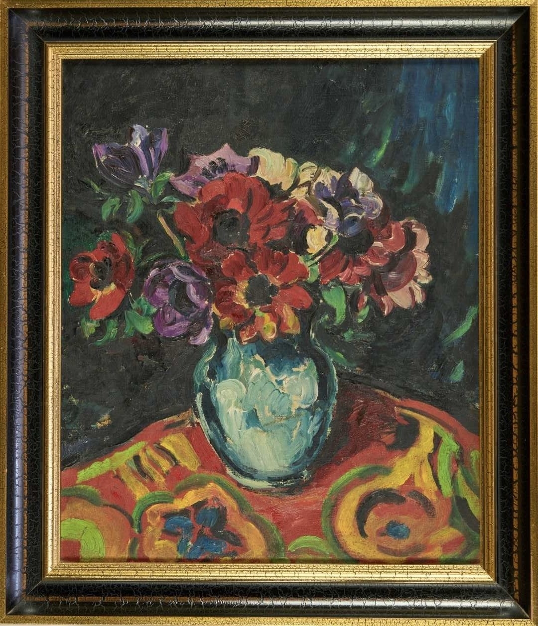Edgar Rowley Smart | Still Life vase of flowers on a patterned ...