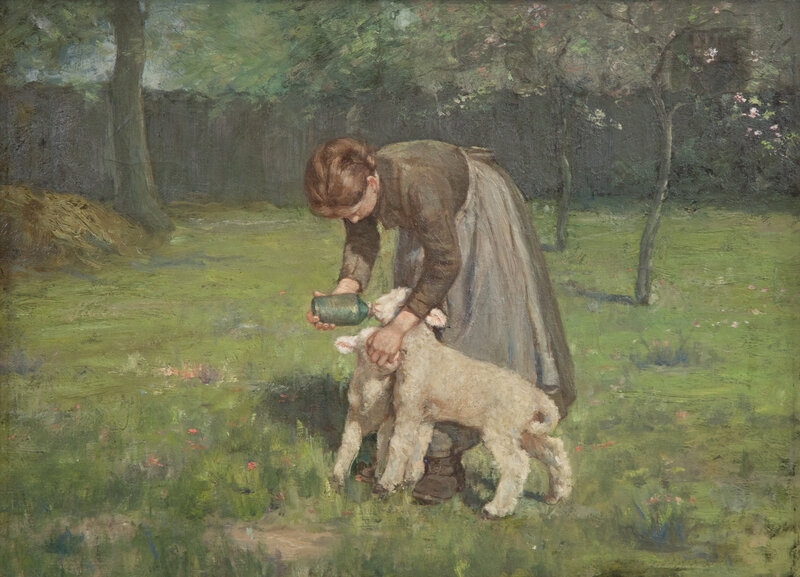 Artwork by Clark Crum, Girl Feeding the Lambs, Made of oil on canvas