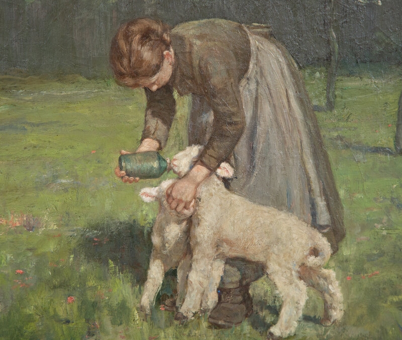 Artwork by Clark Crum, Girl Feeding the Lambs, Made of oil on canvas