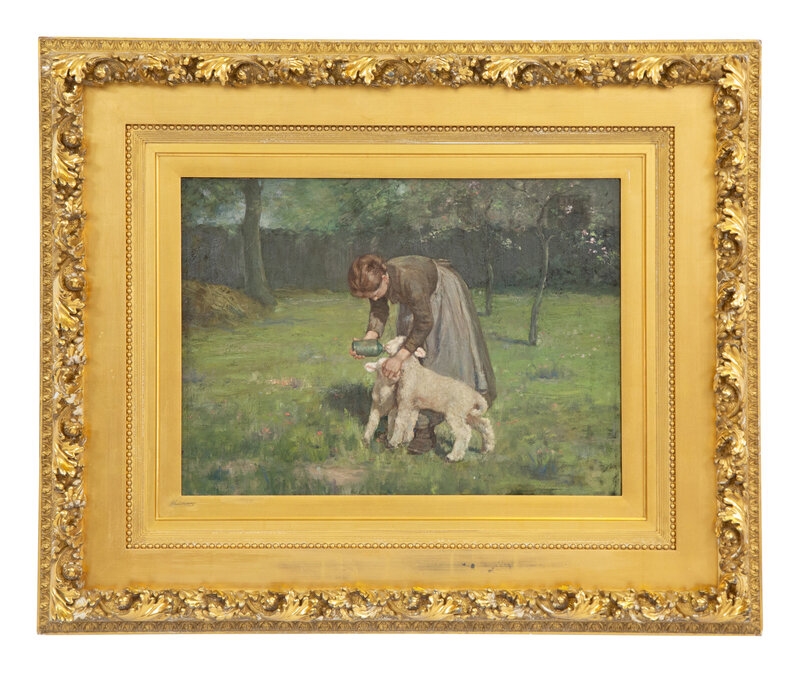 Artwork by Clark Crum, Girl Feeding the Lambs, Made of oil on canvas