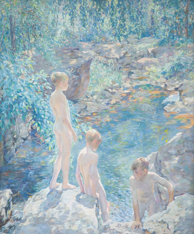 Artwork by Roy Cleveland Nuse, Three Boys at the Sheephole, Made of oil on canvas