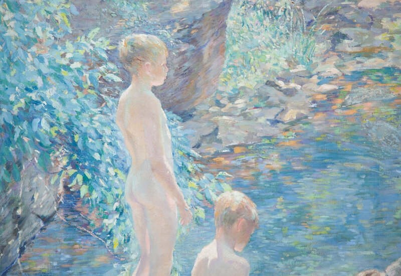 Artwork by Roy Cleveland Nuse, Three Boys at the Sheephole, Made of oil on canvas