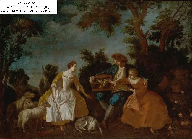 Artwork by Jean-Antoine Watteau, F&#234;te galante scene with a shepherdess and her flock, and a young couple holding a birdcage;&#160;, Made of oil on canvas