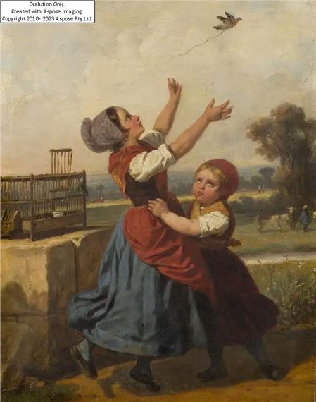 Two children releasing a songbird;&#160; by Camille Joseph Etienne Roqueplan, 1870