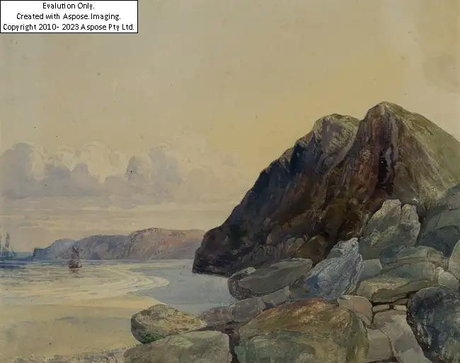 Artwork by John Brett, Coastal landscape with cliffs by the beach;&#160;, Made of pencil and watercolour on paper