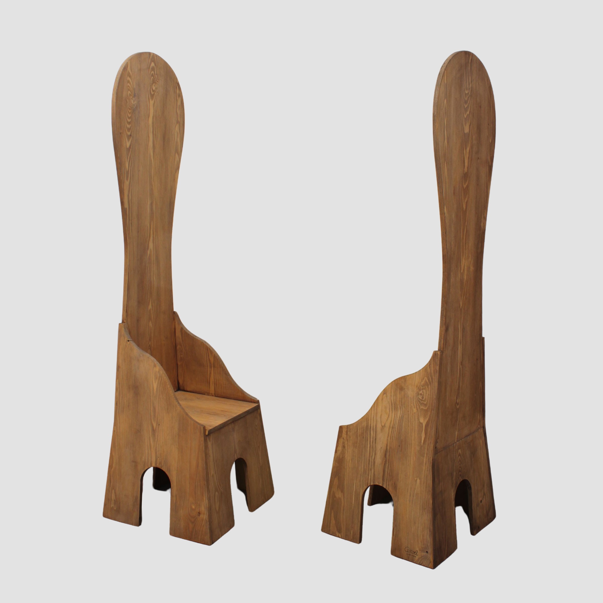 pair of Sedia Alta mod. chairs in in wood by Mario Ceroli, 1972