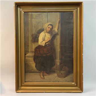 full length portrait of young country girl selling heather calling at the door of a large house - Henriette Nordan